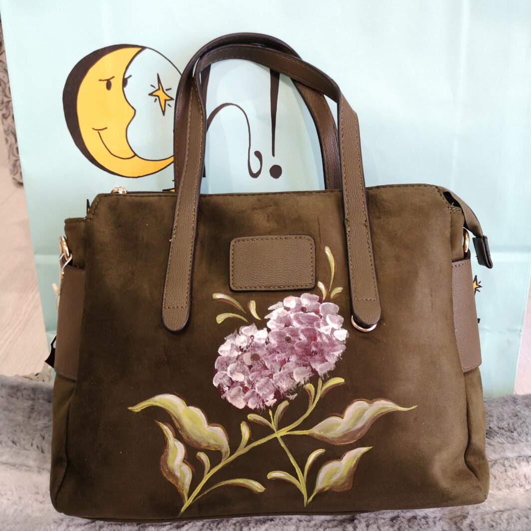 Bolso bandolera pintado a mano hortensias verde