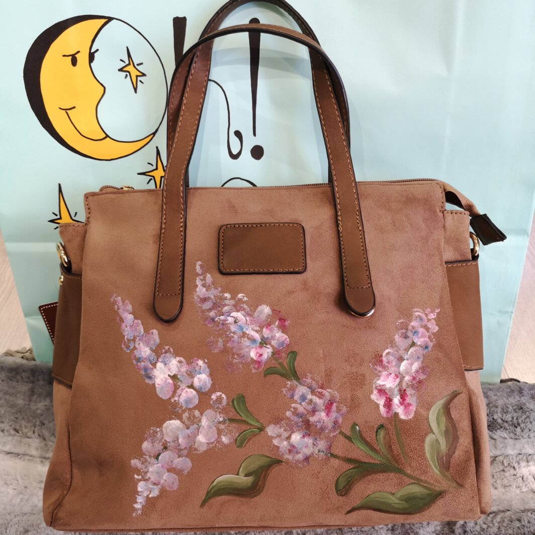 Bolso bandolera pintado a mano lavandas marrón